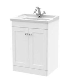 Nuie Classique 600mm Floor Standing 2 Door Vanity Unit With 3 Tap Hole Basin-Satin White - thumbnail 4