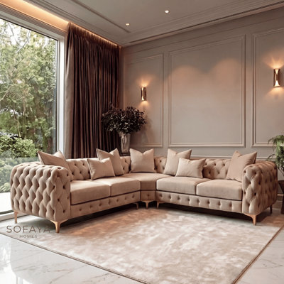 Sofaya Monaco 5 Seater Mink Chesterfield Corner Chaise Sofa Velvet L Shaped - Deep Buttoned Upholstery Couch - image 1