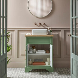 Homestylestore Pastel Green And Oak 645mm Bathroom Vanity Unit With Square Countertop Basin And Brushed Copper T Bar Handles - thumbnail 3