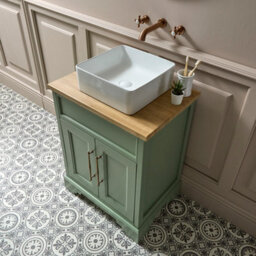Homestylestore Pastel Green And Oak 645mm Bathroom Vanity Unit With Square Countertop Basin And Brushed Copper T Bar Handles - thumbnail 2