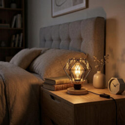 18Cm Wooden Table Lamp With Black Metal Wire Cage And Hemp Rope Wrap, E27 Desk Light With Bulb And Inline Switch - thumbnail 5