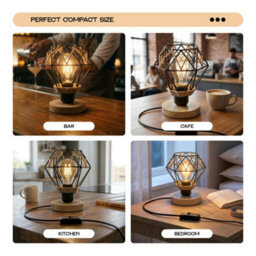 18Cm Wooden Table Lamp With Black Metal Wire Cage And Hemp Rope Wrap, E27 Desk Light With Bulb And Inline Switch - thumbnail 6