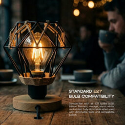 18Cm Wooden Table Lamp With Black Metal Wire Cage And Hemp Rope Wrap, E27 Desk Light With Bulb And Inline Switch - thumbnail 4