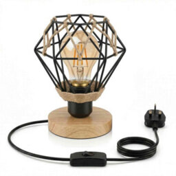 18Cm Wooden Table Lamp With Black Metal Wire Cage And Hemp Rope Wrap, E27 Desk Light With Bulb And Inline Switch