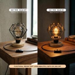 18Cm Wooden Table Lamp With Black Metal Wire Cage And Hemp Rope Wrap, E27 Desk Light With Bulb And Inline Switch - thumbnail 2