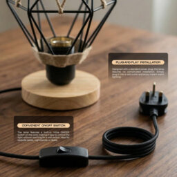 18Cm Wooden Table Lamp With Black Metal Wire Cage And Hemp Rope Wrap, E27 Desk Light With Bulb And Inline Switch - thumbnail 7