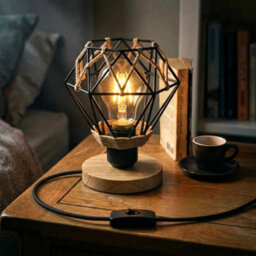 18Cm Wooden Table Lamp With Black Metal Wire Cage And Hemp Rope Wrap, E27 Desk Light With Bulb And Inline Switch - thumbnail 3
