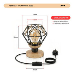 18Cm Wooden Table Lamp With Black Metal Wire Cage And Hemp Rope Wrap, E27 Desk Light With Bulb And Inline Switch - thumbnail 9