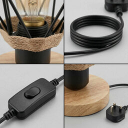 18Cm Wooden Table Lamp With Black Metal Wire Cage And Hemp Rope Wrap, E27 Desk Light With Bulb And Inline Switch - thumbnail 8