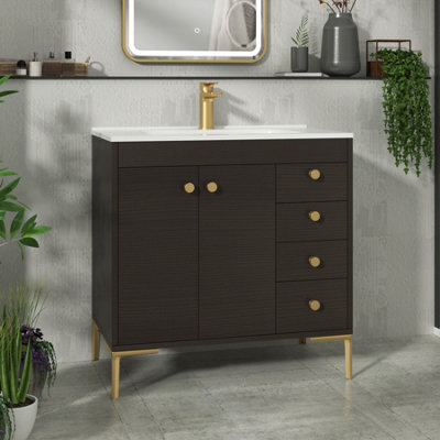 Royal Bathrooms Verona 800mm Walnut Woodgrain Floor Standing Vanity Unit 2 Door, 4 Drawer Cabinet With Ceramic Basin & Brushed Brass Knob - image 1