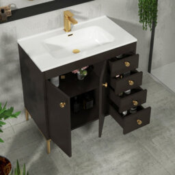 Royal Bathrooms Verona 800mm Walnut Woodgrain Floor Standing Vanity Unit 2 Door, 4 Drawer Cabinet With Ceramic Basin & Brushed Brass Knob - thumbnail 6