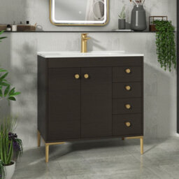 Royal Bathrooms Verona 800mm Walnut Woodgrain Floor Standing Vanity Unit 2 Door, 4 Drawer Cabinet With Ceramic Basin & Brushed Brass Knob