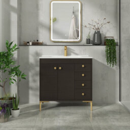 Royal Bathrooms Verona 800mm Walnut Woodgrain Floor Standing Vanity Unit 2 Door, 4 Drawer Cabinet With Ceramic Basin & Brushed Brass Knob - thumbnail 4