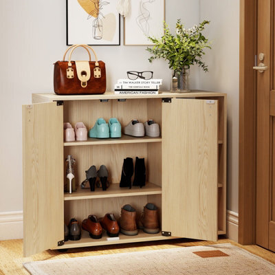 Costway Shoe Cabinet With Doors 3-Tier Freestanding Shoe Storage Rack-Natural - image 1