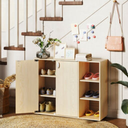 Costway Shoe Cabinet With Doors 3-Tier Freestanding Shoe Storage Rack-Natural - thumbnail 4