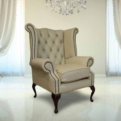 Chesterfield High Back Wing Chair Ivory Leather Bespoke In Queen Anne Style - image 1