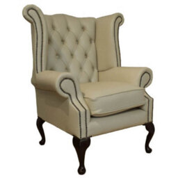 Chesterfield High Back Wing Chair Ivory Leather Bespoke In Queen Anne Style - thumbnail 2