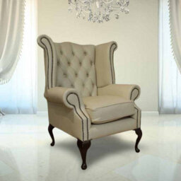 Chesterfield High Back Wing Chair Ivory Leather Bespoke In Queen Anne Style - thumbnail 1