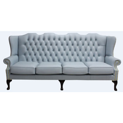 Chesterfield 4 Seater Flat Wing High Back Shelly Parlour Blue Leather Sofa In Queen Anne Style - image 1
