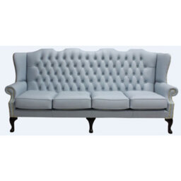 Chesterfield 4 Seater Flat Wing High Back Shelly Parlour Blue Leather Sofa In Queen Anne Style - thumbnail 1