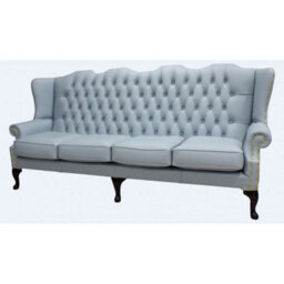 Chesterfield 4 Seater Flat Wing High Back Shelly Parlour Blue Leather Sofa In Queen Anne Style - thumbnail 2