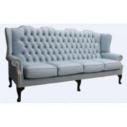 Chesterfield 4 Seater Flat Wing High Back Shelly Parlour Blue Leather Sofa In Queen Anne Style - thumbnail 3