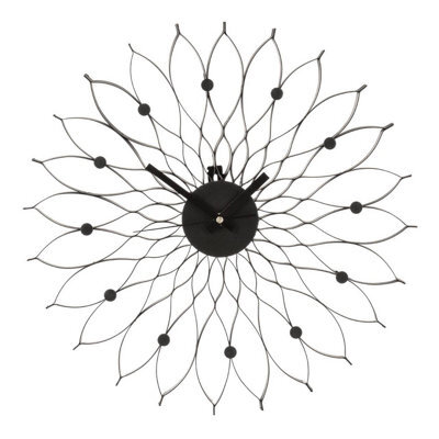 Orsina Black Metal Wall Clock, Floral Design Clock With Hour Discs, Petal-Inspired Clock With Contrasting Hands