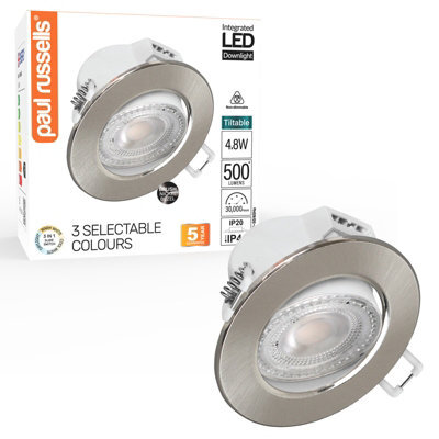 Paul Russells Led Downlight Brush Nickel Tilt Recessed Ceiling Spotlight 4.8W 500 Lumens, Ip44, Colour Changeable Cct3 - image 1