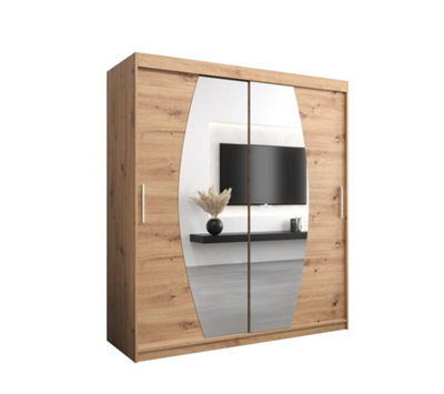 Arte Elypse Contemporary 2 Mirrored Sliding Door Wardrobe 9 Shelves 2 Rails Artisan Oak Effect (H)2000mm (W)1800mm (D)620mm - image 1