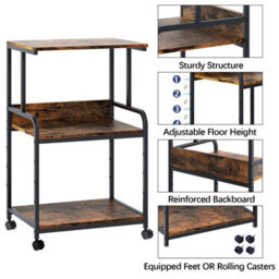 Huhote 3 Tier Large Brown Rolling Printer Cart With Wheels Storage Printer Stand Multifunctional Trolley For Office Home Kitchen - thumbnail 5
