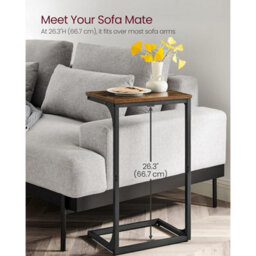 Songmics C-Shape Sofa Side Table, Industrial Metal Frame Bedside Table, Living Room Furniture, Rustic Brown And Black - thumbnail 3