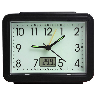 Set Of 2 Glow In The Dark Alarm Clocks With Temperature Reading - Battery Powered Large Easy To Read Analogue Display - image 1
