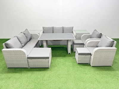 Fimous 11 Seater Outdoor Dining Table 3 Seater Sofa Reclining Chair Set With 2 Side Tables 3 Stools Light Grey - image 1