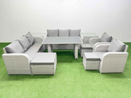 Fimous 11 Seater Outdoor Dining Table 3 Seater Sofa Reclining Chair Set With 2 Side Tables 3 Stools Light Grey - thumbnail 1