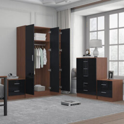 Reflect 3 Door Mirror Wardrobe, 5 Drawer Chest, 2X 2 Drawer Bedsides - Black Gloss & Walnut - Modern Bedroom Furniture Set - thumbnail 2