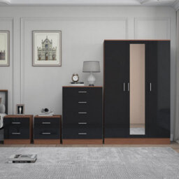 Reflect 3 Door Mirror Wardrobe, 5 Drawer Chest, 2X 2 Drawer Bedsides - Black Gloss & Walnut - Modern Bedroom Furniture Set - thumbnail 3