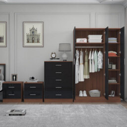 Reflect 3 Door Mirror Wardrobe, 5 Drawer Chest, 2X 2 Drawer Bedsides - Black Gloss & Walnut - Modern Bedroom Furniture Set - thumbnail 4