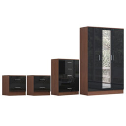 Reflect 3 Door Mirror Wardrobe, 5 Drawer Chest, 2X 2 Drawer Bedsides - Black Gloss & Walnut - Modern Bedroom Furniture Set - thumbnail 5