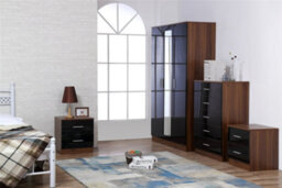 Reflect 3 Door Mirror Wardrobe, 5 Drawer Chest, 2X 2 Drawer Bedsides - Black Gloss & Walnut - Modern Bedroom Furniture Set