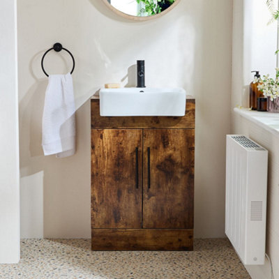 Homestylestore 550mm Dark Oak Floorstanding Bathroom Vanity Unit And Black T Bar Handle - image 1