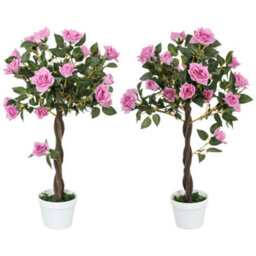 Outsunny Set Of 2 90Cm Artificial Rose Tree, Fake Decorative Plant, Purple - thumbnail 2