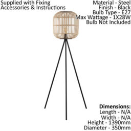 Elegant Black And Wicker Tripod Floor Lamp For Living Room - thumbnail 2