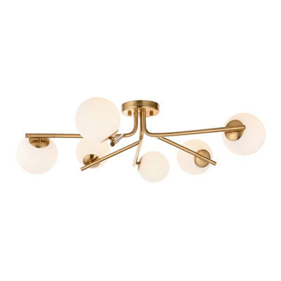 Luminosa Lighting Luminosa Aaron Multi Arm Semi Flush Ceiling Lamp Brushed Aged Brass Plate & Matt Opal Glass 6X G9