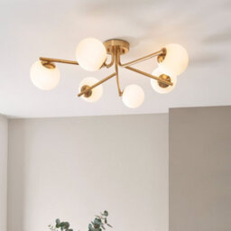 Luminosa Lighting Luminosa Aaron Multi Arm Semi Flush Ceiling Lamp Brushed Aged Brass Plate & Matt Opal Glass 6X G9 - thumbnail 2