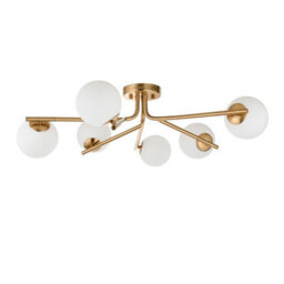 Luminosa Lighting Luminosa Aaron Multi Arm Semi Flush Ceiling Lamp Brushed Aged Brass Plate & Matt Opal Glass 6X G9 - thumbnail 6
