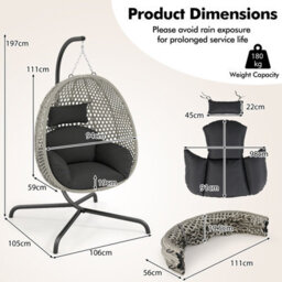 Costway Hanging Egg Chair Pe Rattan Wicker Swing Chair With Cushion & Stand - thumbnail 2