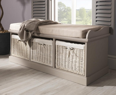 Statement Furniture Tetbury Bench With 3 White Baskets And Cream Cushion- Truffle - image 1