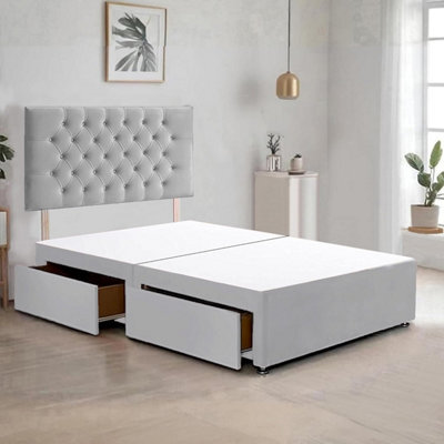 Silver Plush Fabric 5Ft King Size Bed Frame With 20 Inch Chesterfiled Headboard And 2 Drawers - image 1