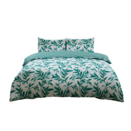 Duvet Cover And Pillowcase Set Reversible Leaf And Stripe Design Polycotton Bed Linen Teal - thumbnail 2