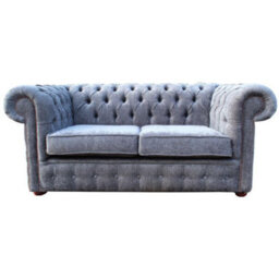 Chesterfield 2 Seater Sofa Bed Flamenco Crush Slate Grey Fabric In Classic Style - thumbnail 2